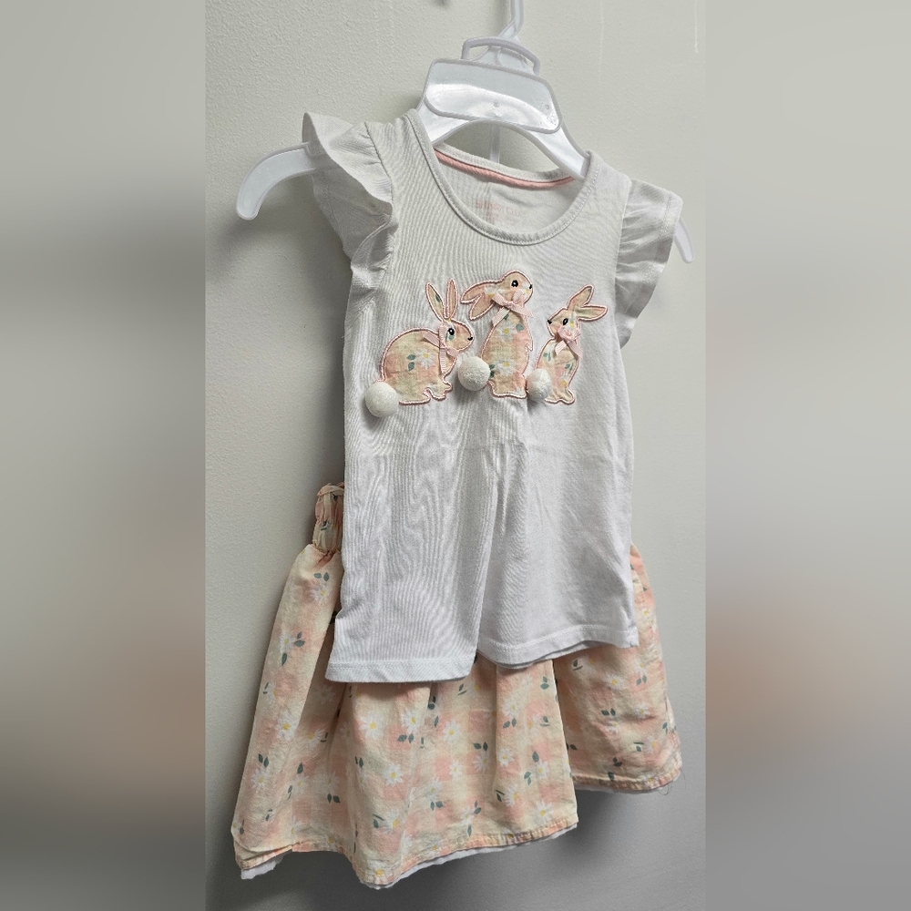 Girls White Ruffled Bunny Tank with Pink Floral Skirt